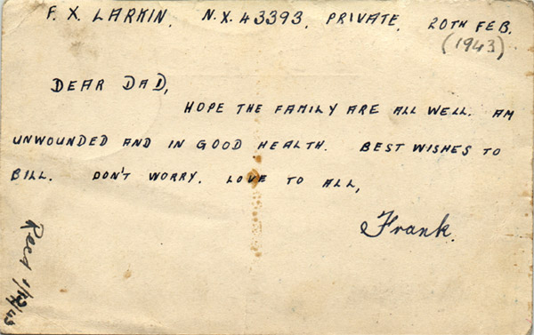 Postcard received 9th September 1943 reverse