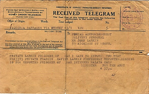 Telegram dated 3rd February 1943