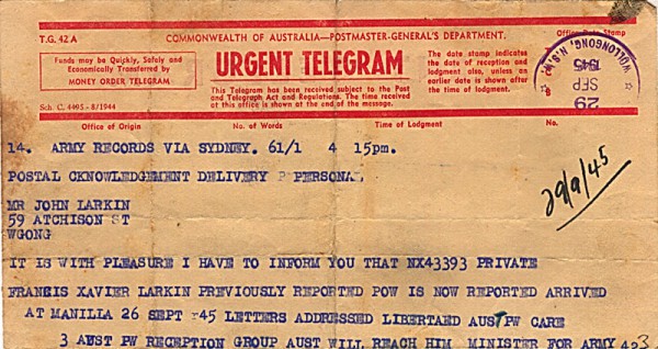 Telegram dated 29th September 1945