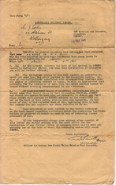 Australian Military Forces official correspondence dated October 10th 1945